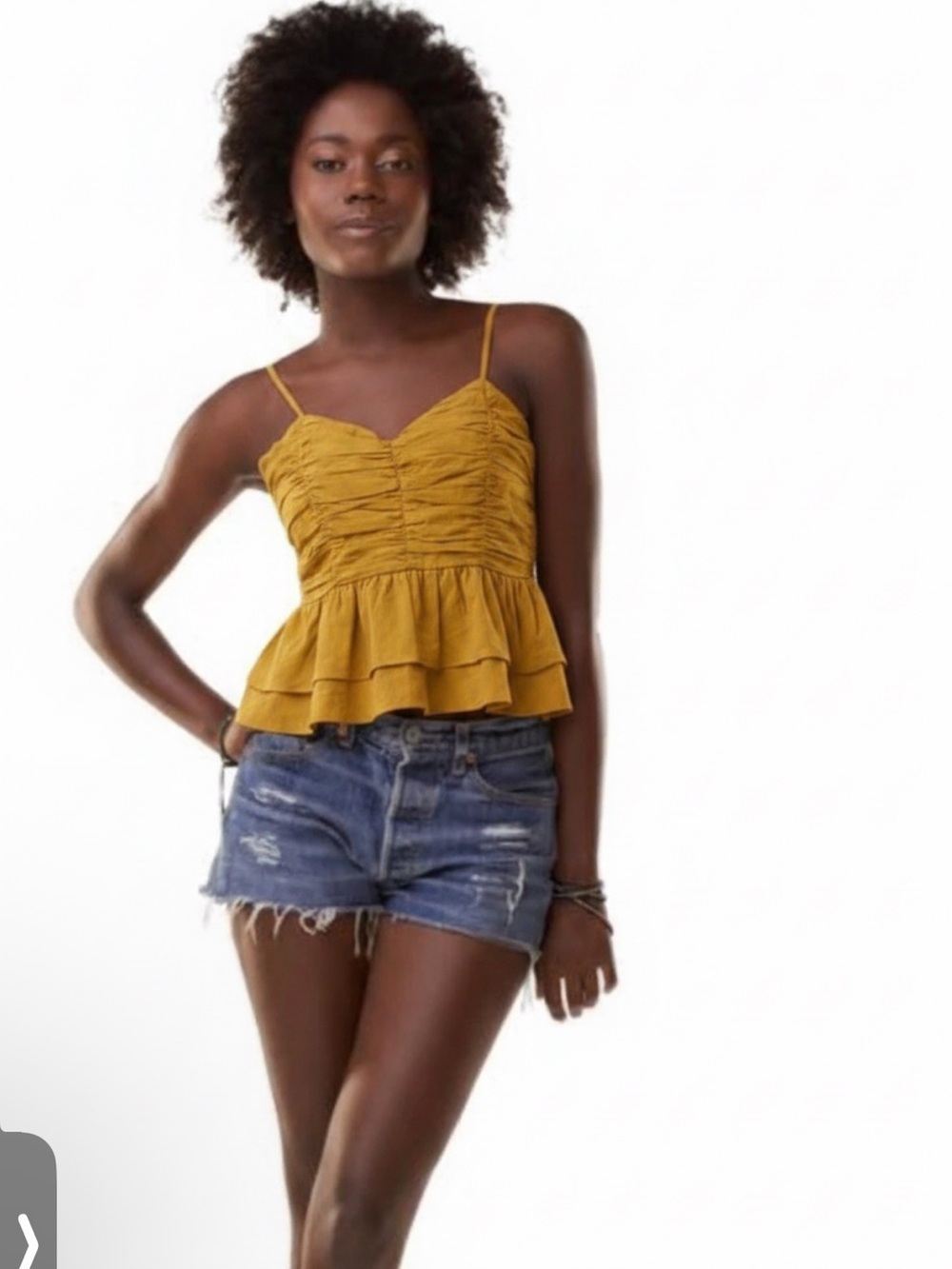Essue Mustard Ruched Peplum Cami Top - Women